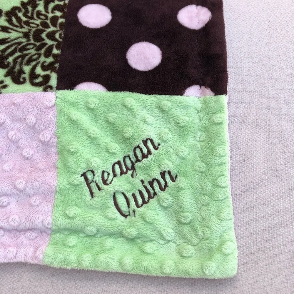 Lot Of 1 Baby Girl Pink Brown Green Cotton Quilt and 1 Soft Blanket Patchwork